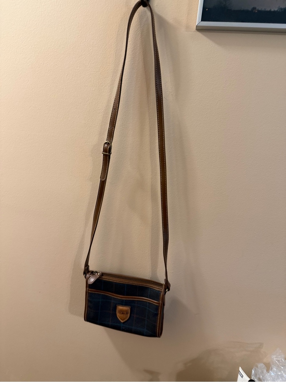 Esprit Navy Plaid Crossbody Bag with Brown Trim - Picture 3 of 10